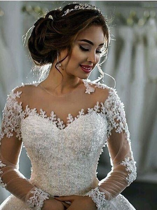 Elegant Long Sleeves Lace Appliques Ball Gown Wedding Dresses - wedding dresses