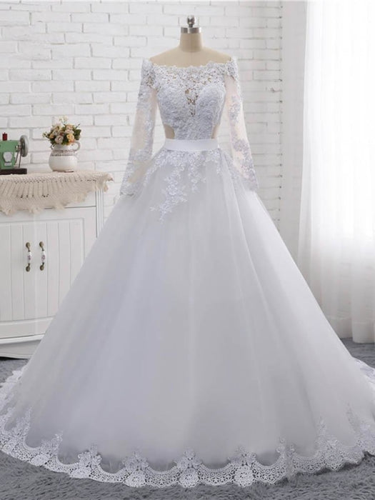 Elegant Long Sleeves Lace Covered Button Ball Gown Wedding Dresses - White / Floor Length - wedding dresses