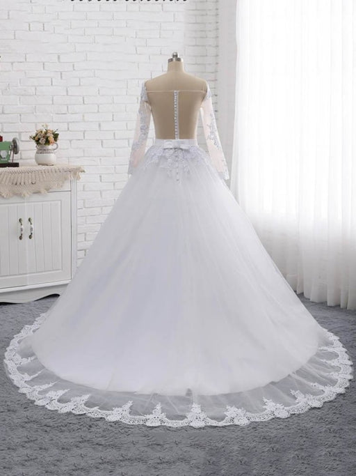 Elegant Long Sleeves Lace Covered Button Ball Gown Wedding Dresses - wedding dresses