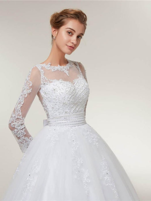 Elegant Long Sleeves Lace Detachable Train Ball Gown Wedding Dresses - wedding dresses