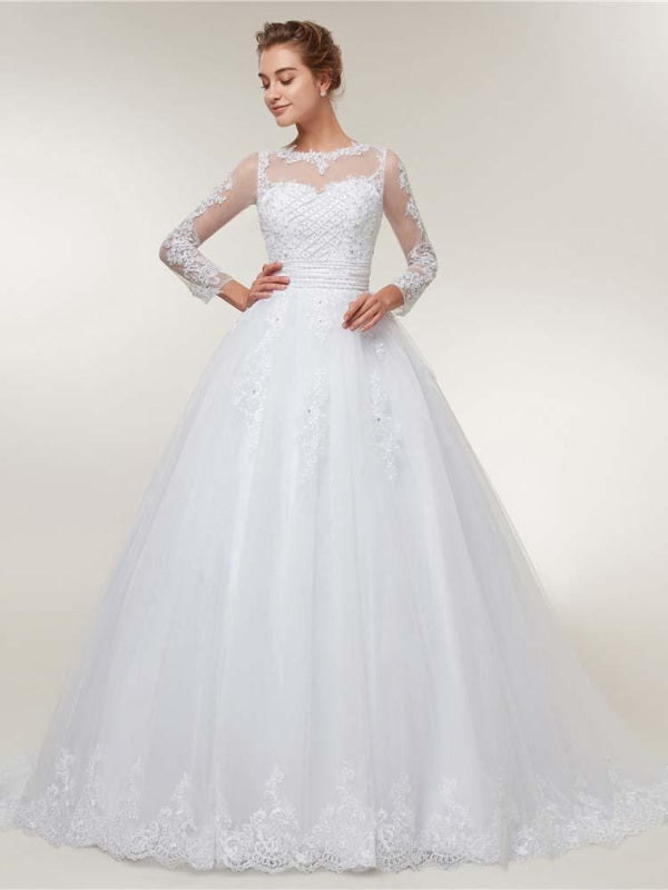 Elegant Long Sleeves Lace Detachable Train Ball Gown Wedding Dresses - White / Floor Length - wedding dresses