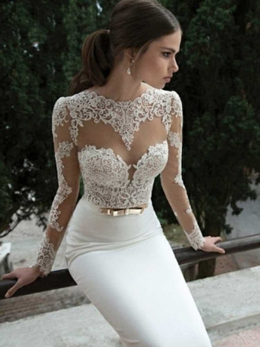 Elegant Long Sleeves Lace Mermaid Sashes Wedding Dresses - Ivory / Floor Length - wedding dresses