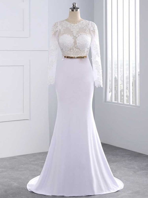 Elegant Long Sleeves Lace Mermaid Sashes Wedding Dresses - White / Floor Length - wedding dresses