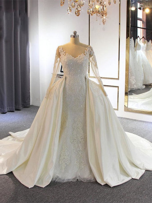 Elegant Long Sleeves Lace Mermaid Wedding Dresses with Detachable Train - White / Long train - wedding dresses