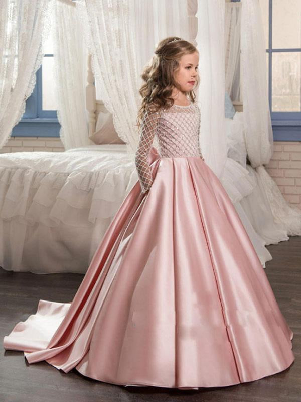 Elegant Long Sleeves Satin Formal Flower Girl Dresses Long Sleeves wit Bridelily Elegant Long Sleeves Satin Formal Flower Girl Dresses Long Sleeves wit Bridelily