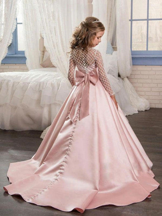 Elegant Long Sleeves Satin Formal Flower Girl Dresses Long Sleeves wit — Bridelily