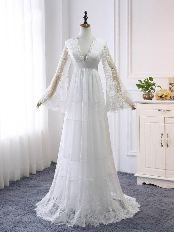 Elegant Long Sleeves V-Neck Tulle Wedding Dresses - White / Floor Length - wedding dresses