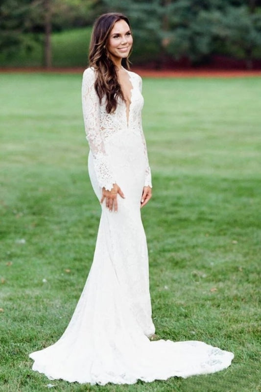 Elegant Mermaid Backless Long Sleeve Lace Wedding Dress - Wedding Dresses