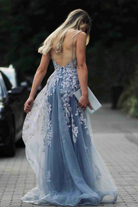 Elegant Mermaid Backless V Neck Blue Lace Long Prom Dresses, Mermaid B Bridelily Elegant Mermaid Backless V Neck Blue Lace Long Prom Dresses, Mermaid B Bridelily