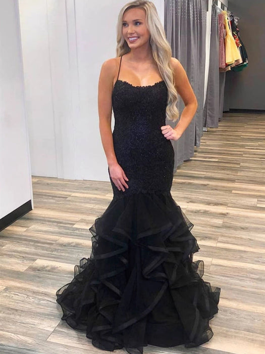 Elegant Mermaid Puffy Black Lace Long Prom, Mermaid Lace Black Formal, Bridelily Elegant Mermaid Puffy Black Lace Long Prom, Mermaid Lace Black Formal, Bridelily