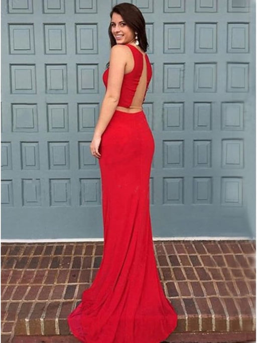 Elegant Mermaid Two Pieces Scoop Neck Red Long Prom Dresses with Ruffles Sweep Train, Mermaid Red Formal Dresses, Red Evening Dresses