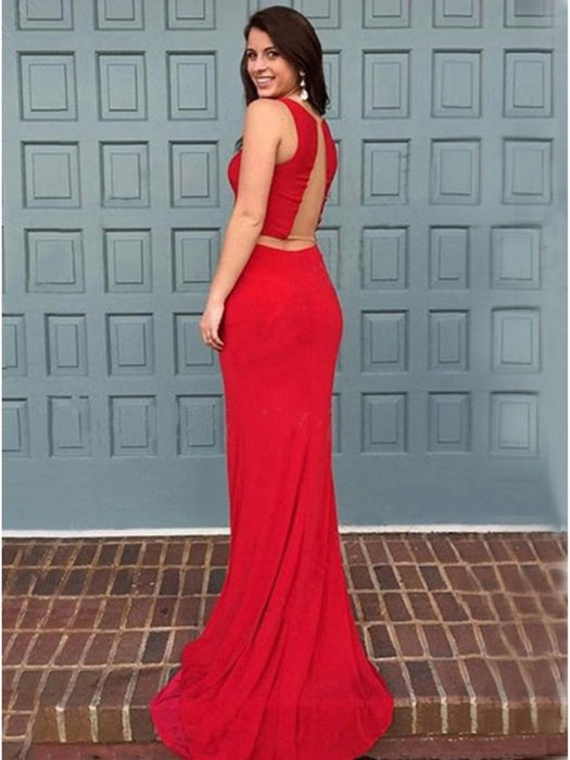 Elegant Mermaid Two Pieces Scoop Neck Red Long Prom Dresses with Ruffles Sweep Train, Mermaid Red Formal Dresses, Red Evening Dresses