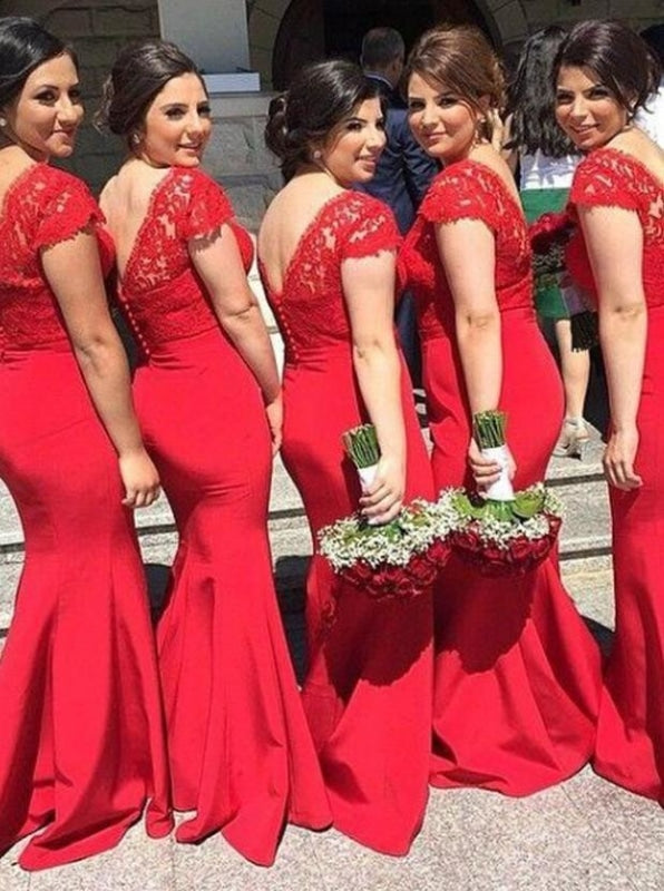 Elegant Mermaid V-Neck Sweep Train Red Bridesmaid Dress - Bridesmaid Dresses