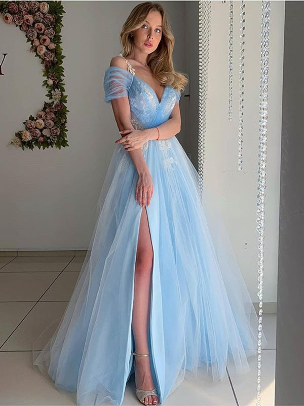 Elegant Off Shoulder Light Blue Tulle Long Prom, Off the Shoulder Ligh
