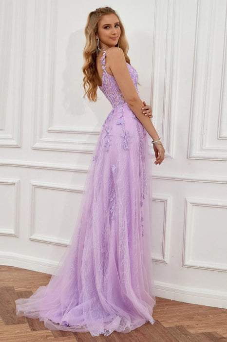 Elegant Off Shoulder Purple Lace Long Prom Dresses with High Slit, Lil Bridelily Elegant Off Shoulder Purple Lace Long Prom Dresses with High Slit, Lil Bridelily