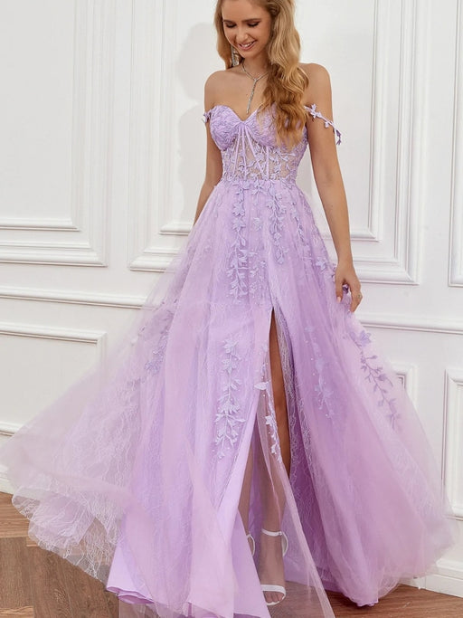 Elegant Off Shoulder Purple Lace Long Prom Dresses with High Slit, Lil —  Bridelily