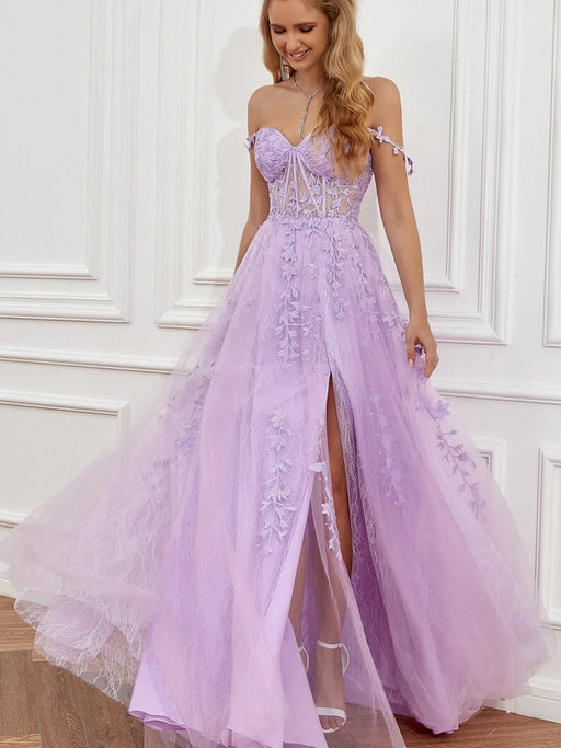Elegant Off Shoulder Purple Lace Long Prom Dresses with High Slit