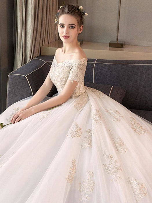 Elegant Off-the-Shoulder Lace Ball Gown Wedding Dresses - Ivory / Floor Length - wedding dresses