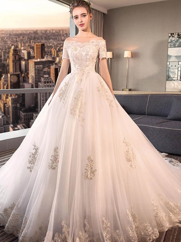 Elegant Off-the-Shoulder Lace Ball Gown Wedding Dresses - White / Floor Length - wedding dresses