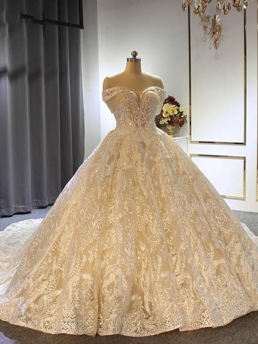 Off Shoulder Lace-Up Ball Gown Wedding Dress with Train-Bridelily Off Shoulder Lace-Up Ball Gown Wedding Dress with Train-Bridelily