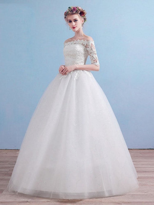 Elegant Off-the-Shoulder Long Sleeves Lace Ball Gown Wedding Dresses - Ivory / Floor Length - wedding dresses