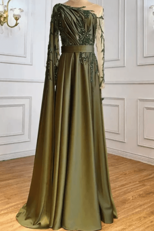 Elegant One Shoulder Satin Evening Dress with Sweep Cape - Prom Dresses