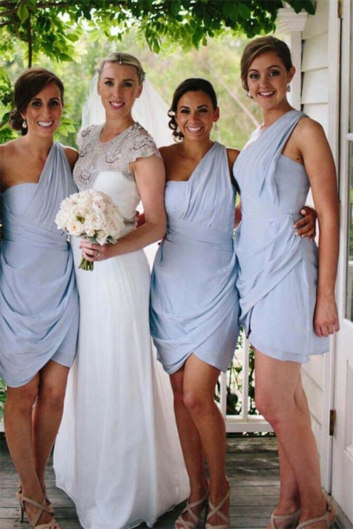 Elegant One Shoulder Short Sky Blue Cute Bridesmaid Dresses - Bridesmaid Dresses