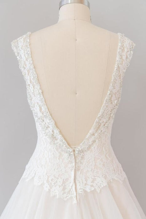 Elegant Open Back Lace Tulle A-line Wedding Dress - Wedding Dresses
