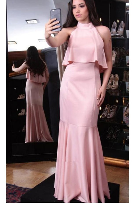 Elegant Pink High Neck Sleeveless Sheath Evening Unique Long Prom Dress - Prom Dresses
