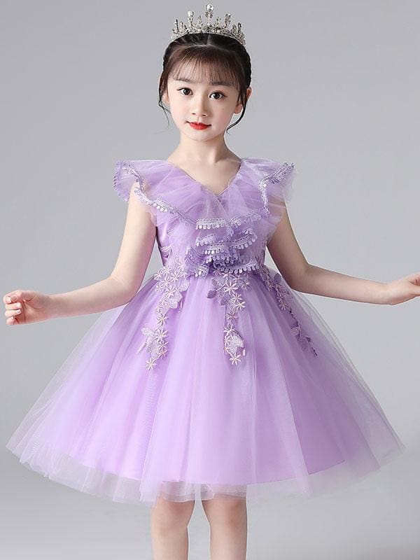 Elegant Purple Flower Girl Dresses V-Neck Sleeveless Tulle Lace Kids P —  Bridelily