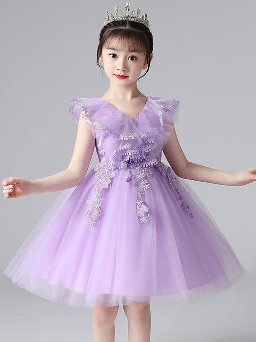 Purple Flower Girl Dresses V-Neck Sleeveless Tulle Lace Kids Party Dresses