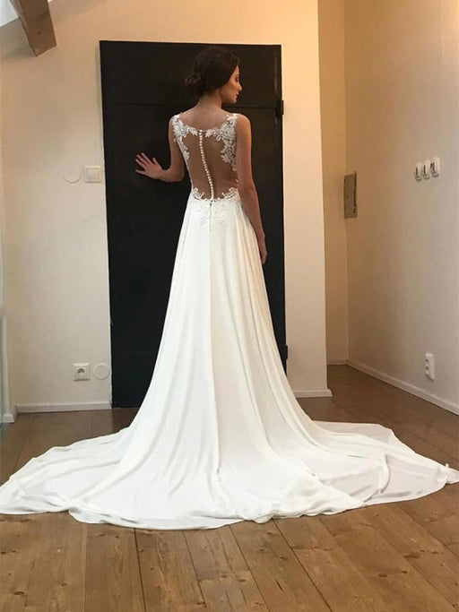 Elegant Round Neck Lace White Chiffon Wedding Prom Dresses, White Lace Formal Dresses, White Evening Dresses