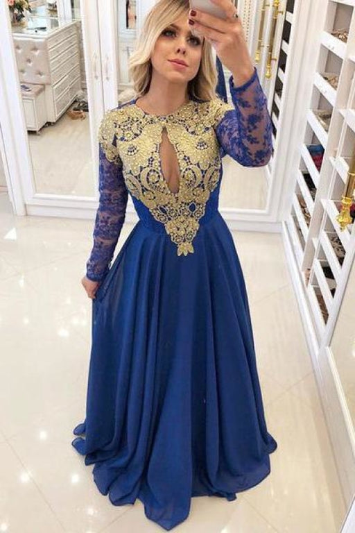 Elegant Royal Blue 2020 Evening Dress | Long Sleeve Lace Chiffon Prom - Prom Dresses