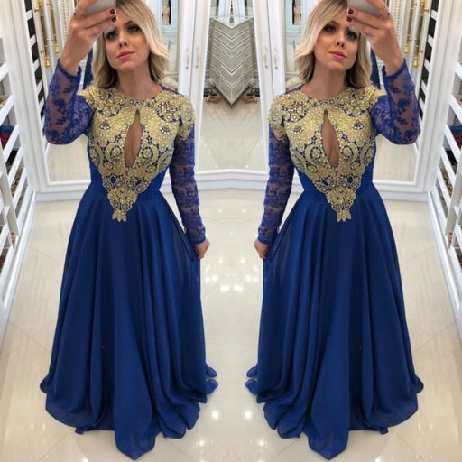 Elegant Royal Blue 2020 Evening Dress | Long Sleeve Lace Chiffon Prom - Prom Dresses