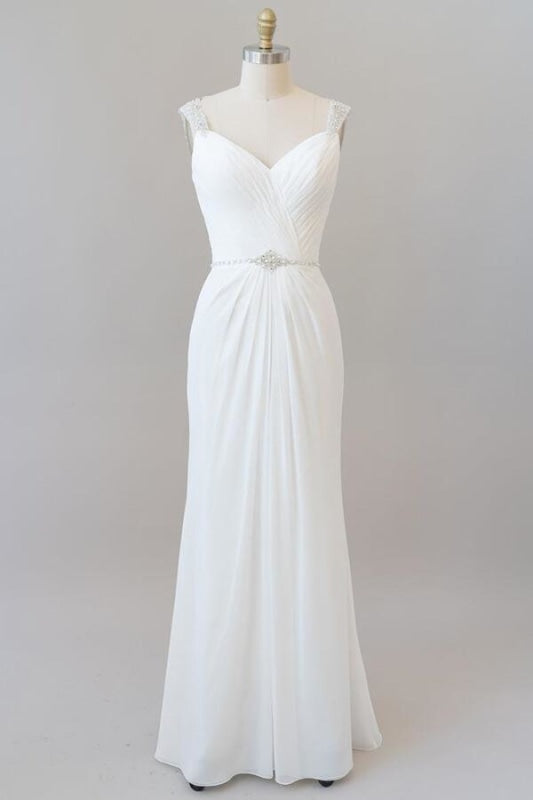 Elegant Ruffle Beading Chiffon Sheath Wedding Dress - Wedding Dresses