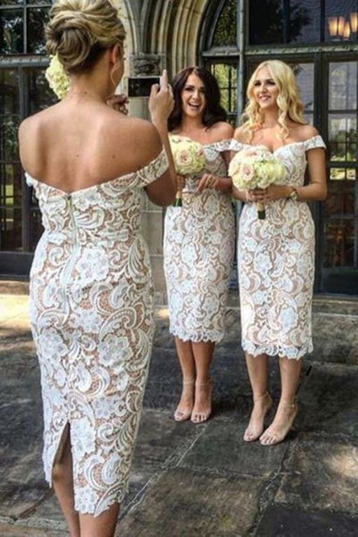 Elegant Sheath Off the Shoulder White Lace Bridesmaid Dress - Bridesmaid Dresses