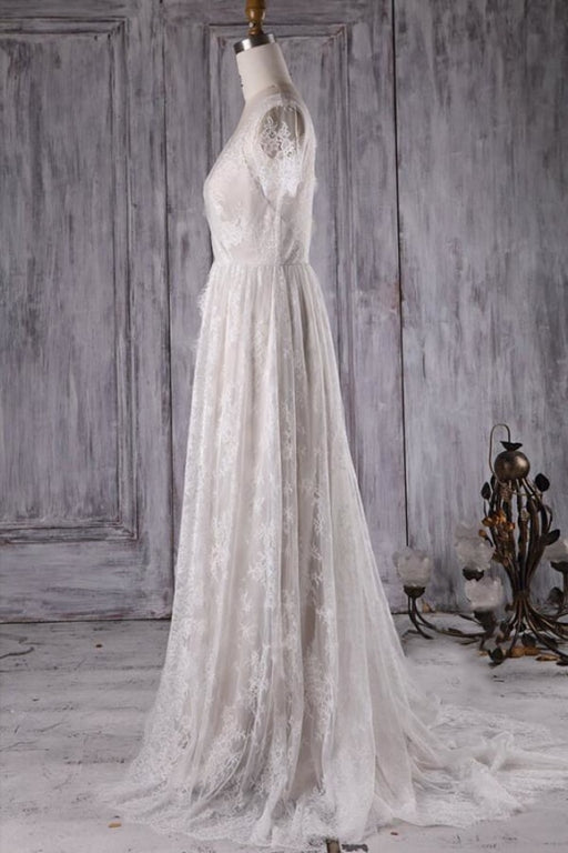 Elegant Short Sleeve A-line Lace Wedding Dress - Wedding Dresses