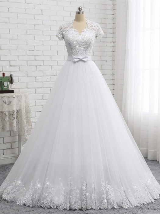 Elegant Short Sleeves Lace Beaded Tulle Wedding Dresses - Ivory / Floor Length - wedding dresses