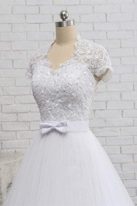 Elegant Short Sleeves Lace Beaded Tulle Wedding Dresses - wedding dresses