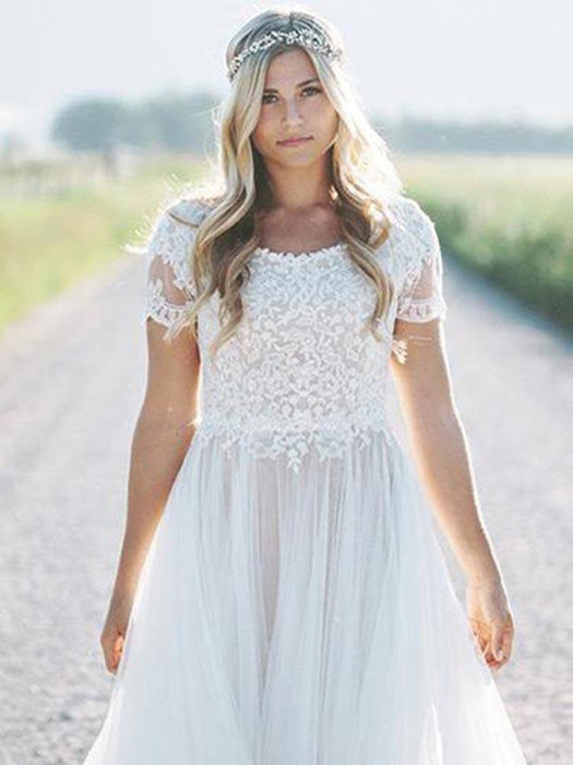 Elegant A Line Vintage Lace Wedding Dress Short Sleeve-Bridelily Elegant A Line Vintage Lace Wedding Dress Short Sleeve-Bridelily