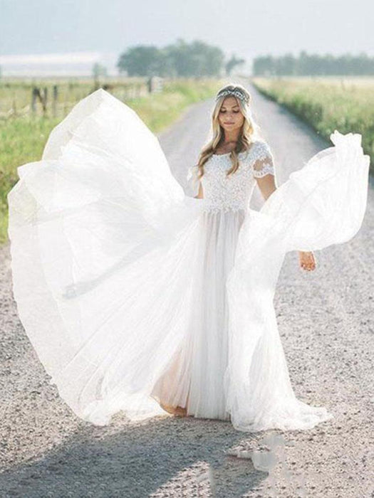 Elegant A Line Vintage Lace Wedding Dress Short Sleeve-Bridelily Elegant A Line Vintage Lace Wedding Dress Short Sleeve-Bridelily