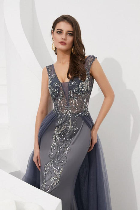 Elegant Sleek Luxury Gray V Neck Sleeveless Tulle Long Prom Dress with Beads Crystal - Prom Dresses