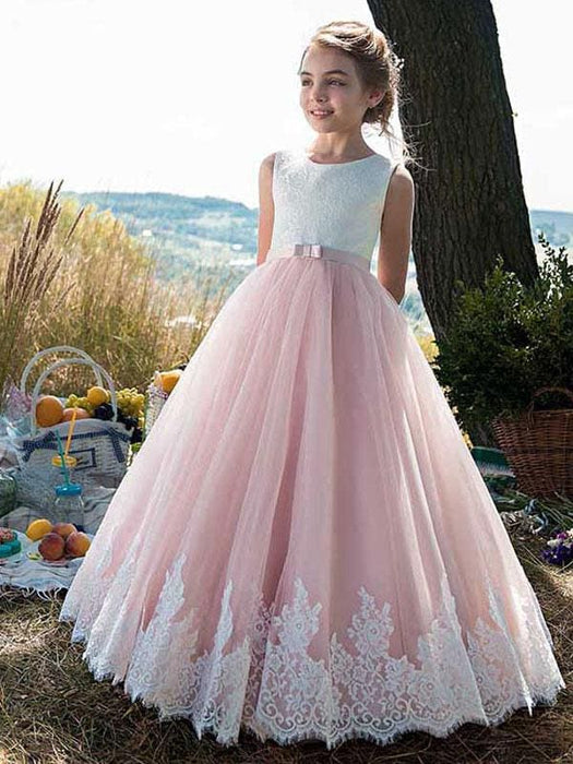 Elegant Sleeveless A-line Long Flower Girl Dresses Pink Tulle Lace
