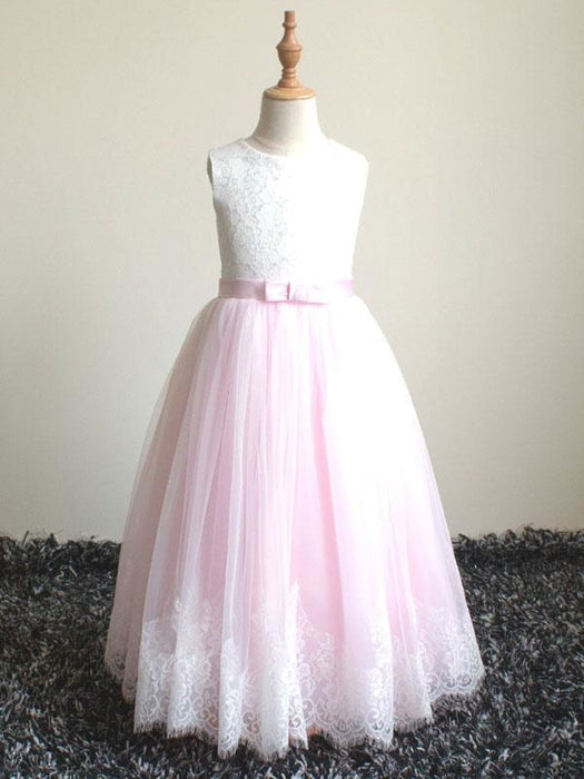 Flower Girl Dresses Jewel Neck Lace Sleeveless Ankle-Length Princess Silhouette Bows Kids Social Pageant Dresses