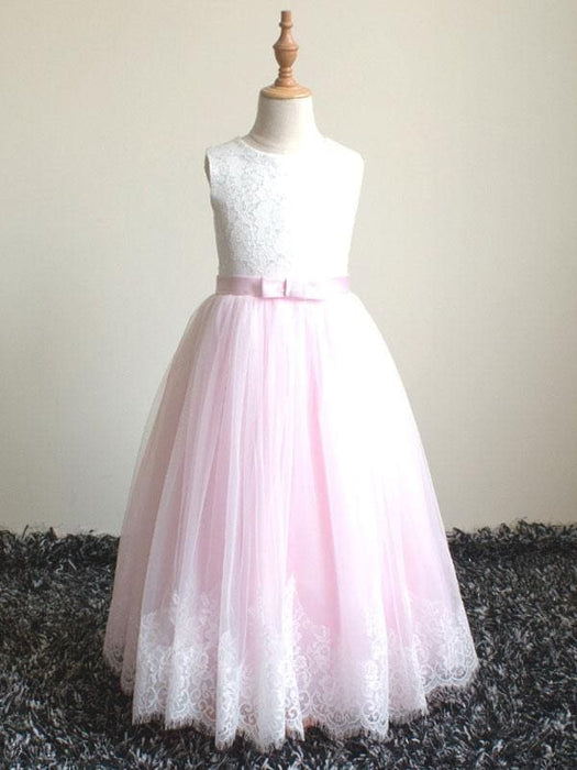 Elegant Sleeveless A-line Long Flower Girl Dresses Pink Tulle Lace Pri Bridelily Elegant Sleeveless A-line Long Flower Girl Dresses Pink Tulle Lace Pri Bridelily