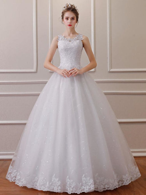Elegant Sleeveless Lace Ball Gown Wedding Dresses - Ivory / Floor Length - wedding dresses