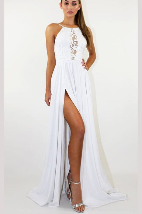 Elegant Sleeveless White Prom Dress for Teens Sexy Split Chiffon Long Evening Dresses