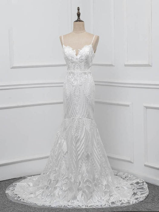 Elegant Spaghetti-Strap Backless Mermaid Wedding Dresses - Ivory / Floor Length - wedding dresses