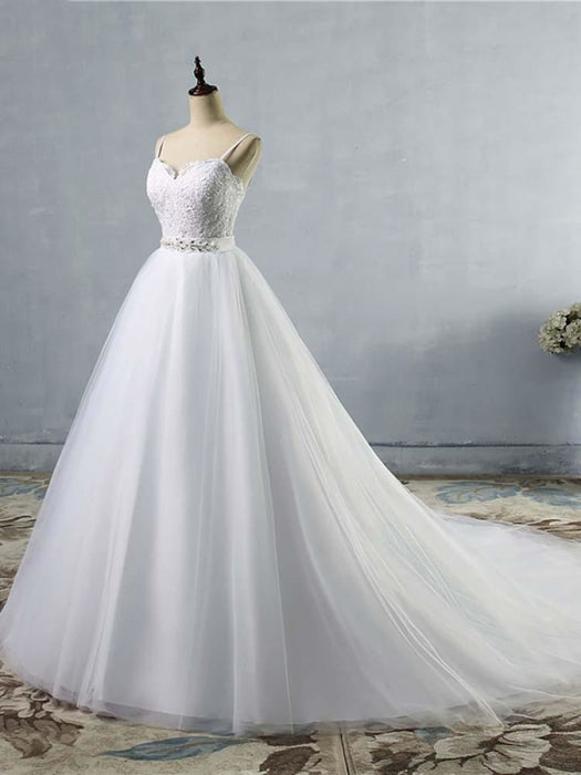 Elegant Spaghetti-Strap Lace Sashes Tulle Wedding Dresses - wedding dresses