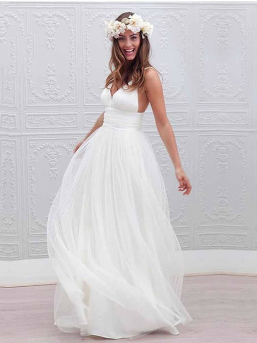 Elegant Spaghetti Straps V-Neck Tulle Wedding Dresses - White / Floor Length - wedding dresses